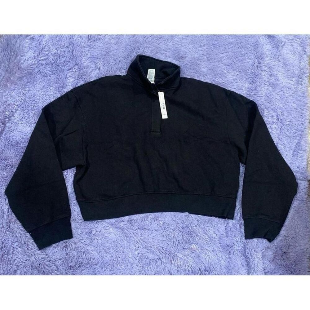 Victoria's Secret PINK Quarter Snap Cropped‎ Sweatshirt Black Fleece Pullover M